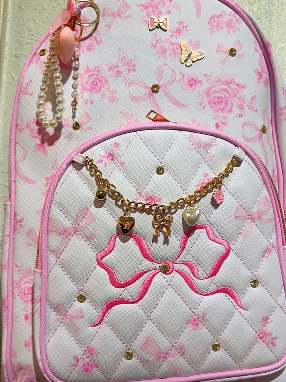 Pink Floral Quilted Bow Charm Backpack